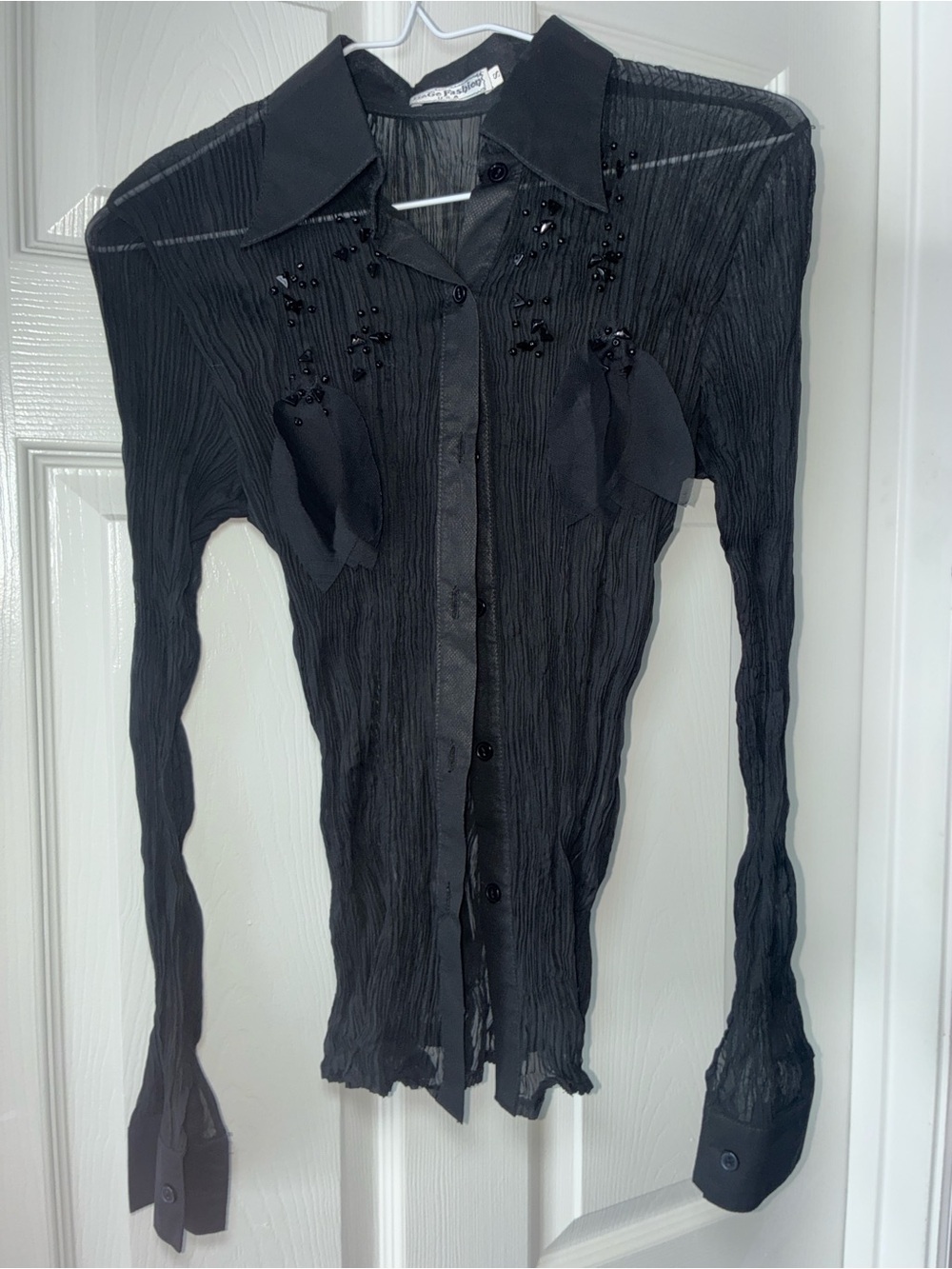 Vintage Y2K Sheer Black Beaded Long-Sleeve Fitted Blouse